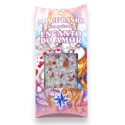 Saco rosa de sal de banho aromatizado com cristais e ilustração de casal