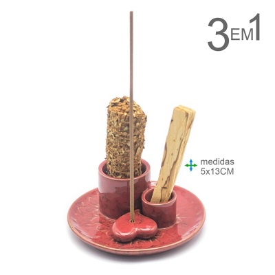 Conjunto 3 em 1 suporte cerâmico vermelho para incenso, palo santo e cones