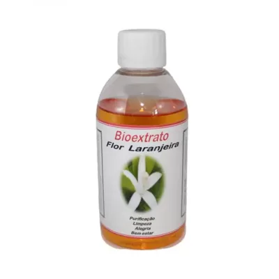 Frasco de Bioextrato Flor Laranjeira com líquido laranja e tampa branca.