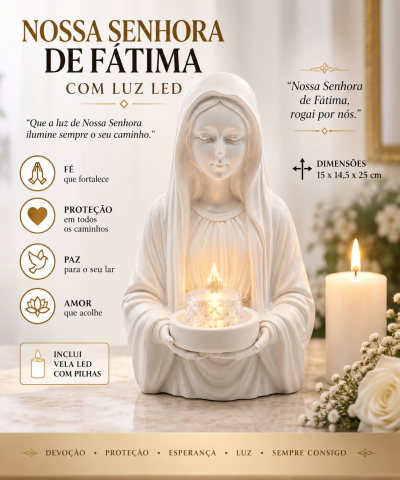 Estátua branca de Nossa Senhora de Fátima com vela LED iluminada nas mãos sobre uma superfície bege com vela real acesa e flores ao fundo