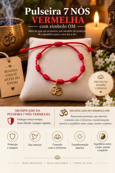 Pulseira vermelha com 7 nós e símbolo OM em pendente dourado, sobre almofada branca com decoração zen ao fundo