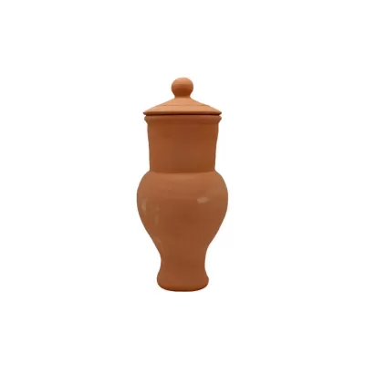 Frasco de cerâmica castanha com tampa e botão