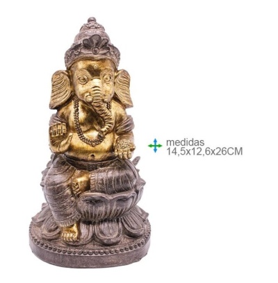 Estátua de Ganesha em metal dourado com base detalhada e texto de medidas
