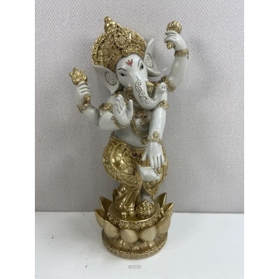 Estátua decorativa de Ganesha dourada e branca em base de flor de lótus