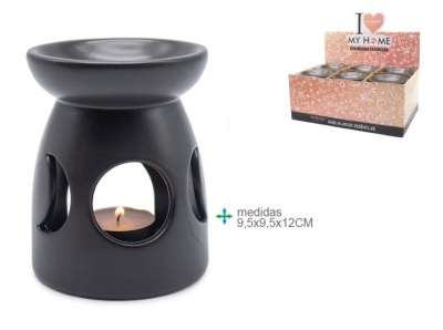 Difusor de aroma preto redondo com vela acesa e embalagem com texto I ♥ MY HOME