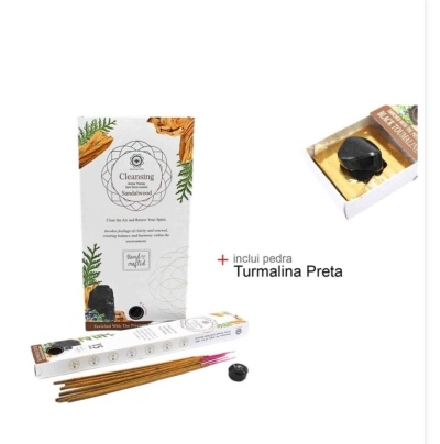 Conjunto de incenso Sandalwood com pedra de turmalina preta