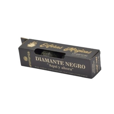 Embalagem preta de incenso Aromanza Diamante Negro com texto dourado e branco