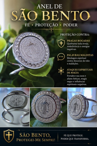 Anel de São Bento em prata com cristais, destaque promocional e texto em português sobre proteção e poder.
