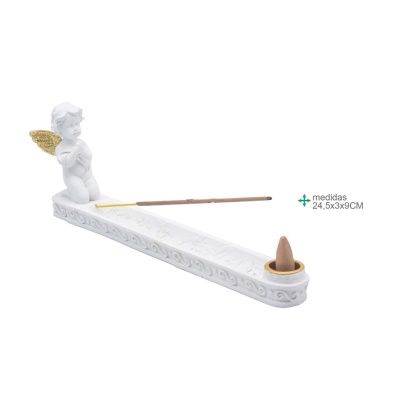 Incensário branco com anjo e asas douradas para incenso em pau e cone