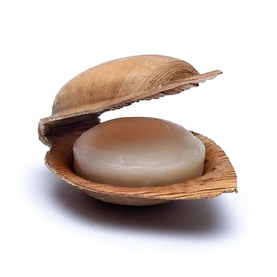 Sabonete redondo branco dentro de uma concha natural aberta