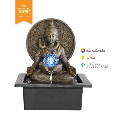 Fonte decorativa Buda com esfera iluminada azul e água a escorrer numa base preta
