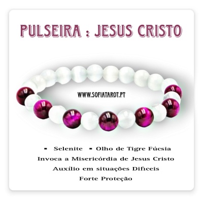 Pulseira com contas brancas e fúcsia em fundo branco com texto