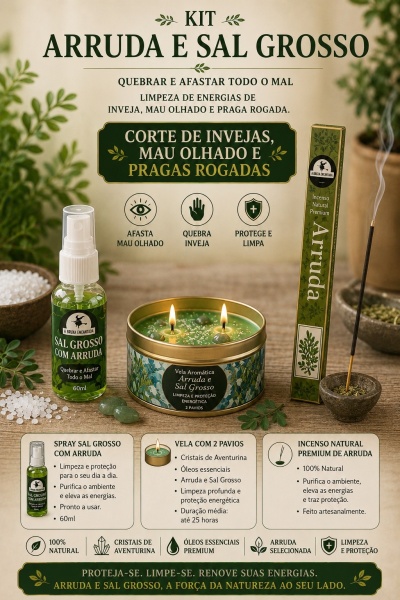 Kit de sal grosso com arruda, vela aromática e incenso natural com embalagens verdes e texto em português
