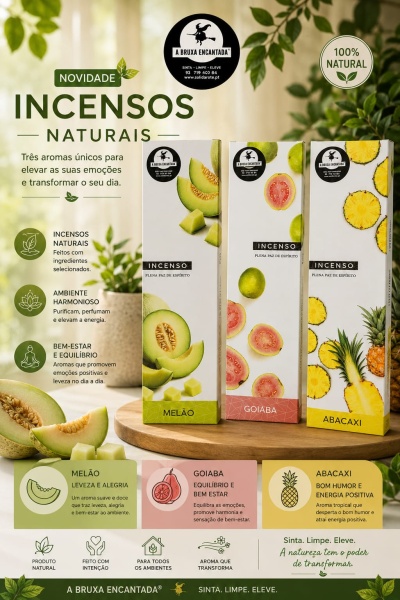 Caixas de incenso natural A BRUXA ENCANTADA com aromas de melão, goiaba e abacaxi, em base de madeira com plantas ao fundo.