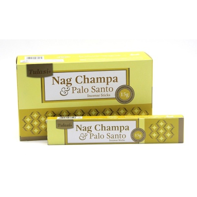 Pacotes de incenso Tulasi Nag Champa & Palo Santo amarelos com texto castanho.
