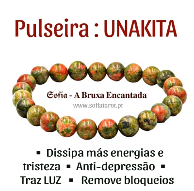 Pulseira unakita de contas verdes e laranja, texto promocional em português