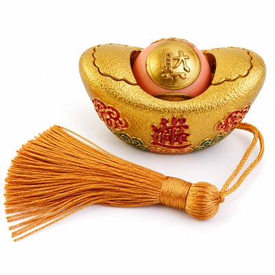 Adorno decorativo dourado em forma de lingote chinês com tassel laranja