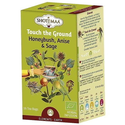 Caixa verde de infusão herbal SHOTIMAA Touch the Ground com chá de Honeybush, Anise & Sage
