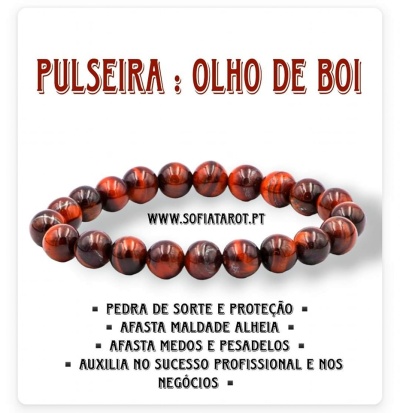 Pulseira de pedra Olho de Boi castanho avermelhada com texto descritivo em fundo branco