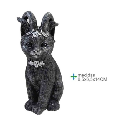 Estátua decorativa de gato preto com chifres e colar com caveira e estrelas