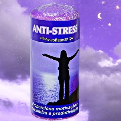 Embalagem roxa de produto anti-stress com imagem de silhueta e texto motivacional
