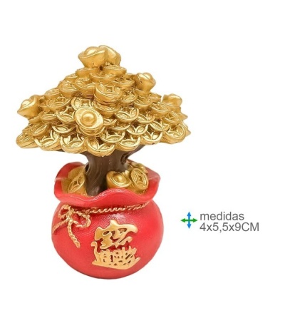 Árvore de moedas douradas numa base vermelha em forma de saco