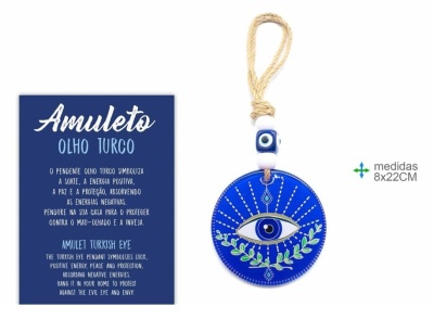 Amuleto Olho Turco azul e branco com cartão explicativo azul
