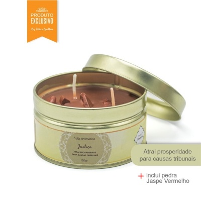 Vela aromática Justiça em lata dourada com pedras Jaspe Vermelho