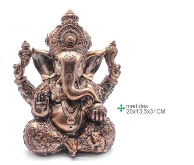 Estátua decorativa de Ganesha com acabamento em bronze sentado com quatro mãos e ornamentos detalhados.