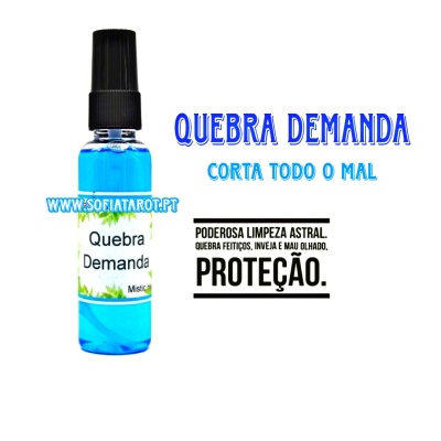 Frasco azul de spray Quebra Demanda com texto promocional em fundo branco