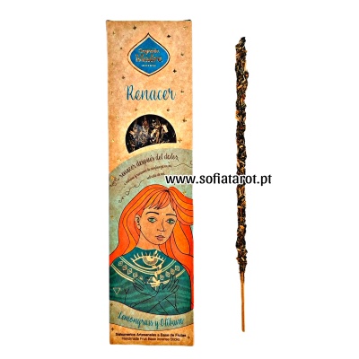 Incenso artesanal Renascer com ilustração de mulher ruiva em embalagem de papel kraft