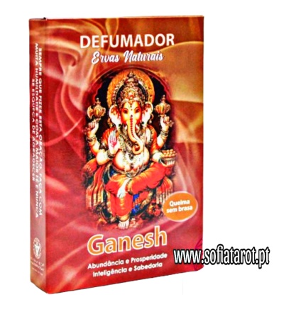 Embalagem do defumador Ganesh com ilustração do deus e texto explicativo