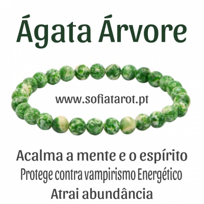 Pulseira de contas verdes de ágata árvore com texto promocional em português