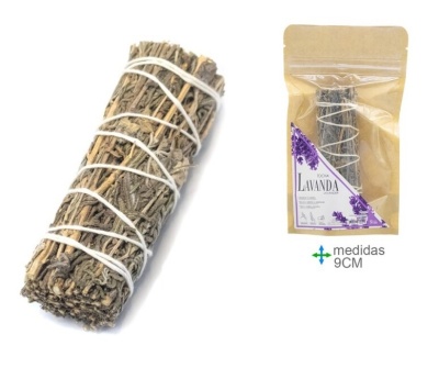 Vela de incenso lavanda empacotada ao lado do produto embrulhado com fio branco