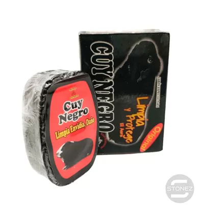 Sabonete Guy Negro embalagem preta com porquinho-da-índia preto e texto colorido.