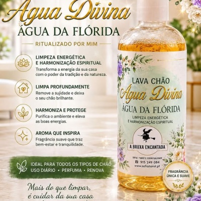 Frasco de Água da Flórida com rótulo floral e texto explicativo.