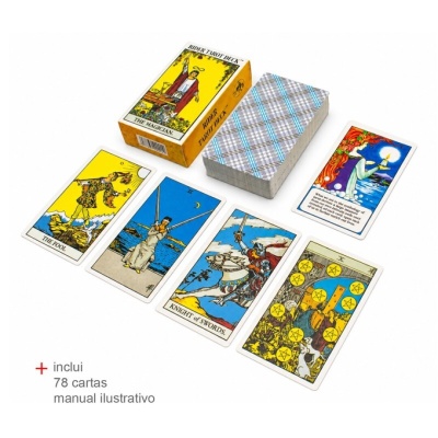 Conjunto de cartas de tarot Rider Tarot Deck com cinco cartas visíveis e caixa amarela.
