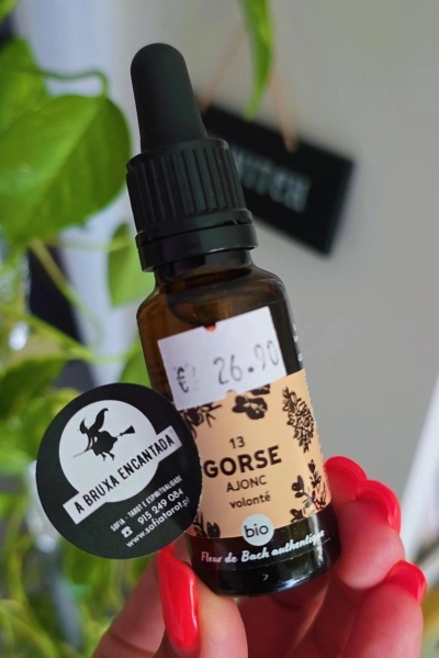 Frasco de Gorse bio com conta-gotas e rótulo floral segurado por mão com unhas vermelhas