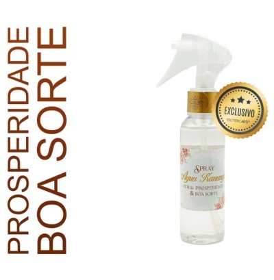 Frasco de spray aromático com rótulo e selo exclusivos, texto de prosperidade e boa sorte