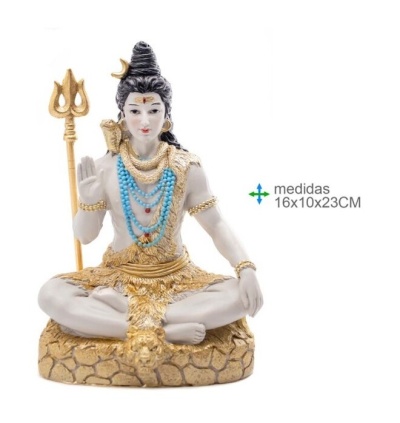 Estátua decorativa do deus Shiva em resina dourada e branca com colares azuis