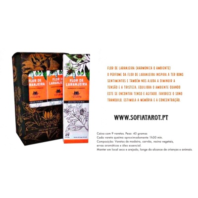Caixa de varetas aromáticas Flor de Laranjeira Nirvana com texto descritivo e site.