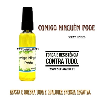 Spray místico amarelo com tampa preta e textos promocionais em fundo branco