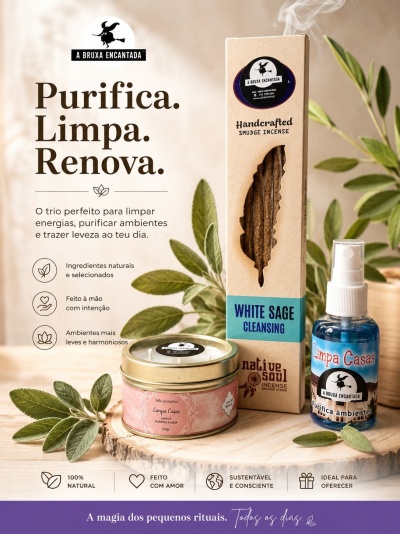 Produtos de purificação: incenso, vela aromática e spray Limpa Casas da marca A Bruxa Encantada com fundo natural e folhas verdes