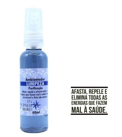 Frasco azul com spray e rótulo lilás com texto em português