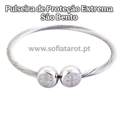 Pulseira metálica prata com símbolo de São Bento e texto promocional