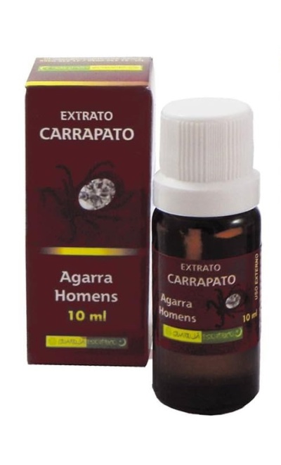 Frasco e caixa do produto Extrato Carrapato Agarra Homens 10 ml
