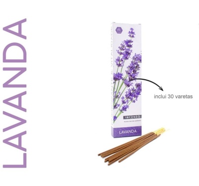 Caixa branca de incenso de lavanda com flores roxas e varetas castanhas