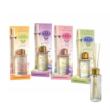 Conjunto de difusores de aromas em vidro com embalagens coloridas e pauzinhos de madeira