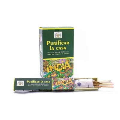 Pacote e maço de incensos Purificar la Casa com design verde e amarelo