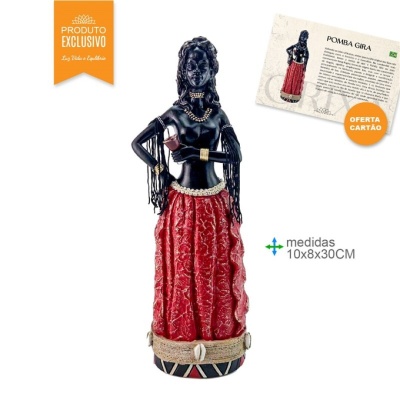 Estátua decorativa feminina com saia vermelha e acessórios dourados, texto promocional e cartão informativo